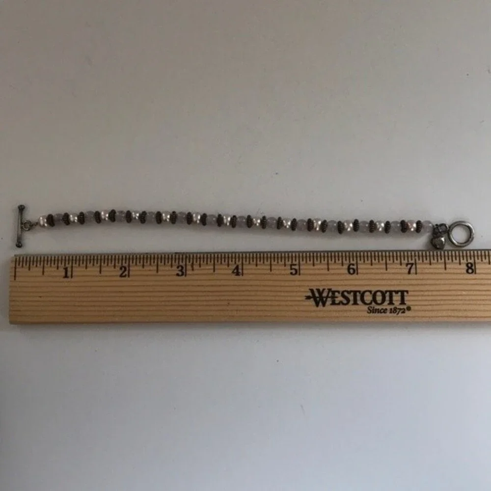 Vintage Handmade Mauve Pearls Rose Quartz Sterling Silver Charm Toggle Bracelet - Picture 8 of 9